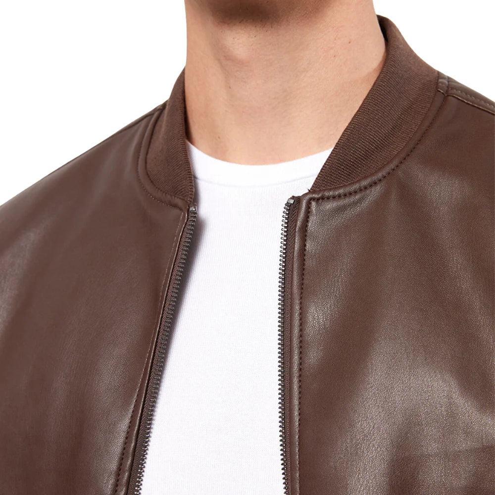 Mens Chocolate Brown Leather Bomber Jacket
