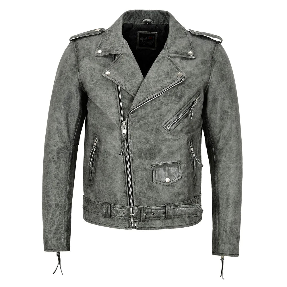Men's Brando Real Leather Vintage Grey Buff Biker Jacket