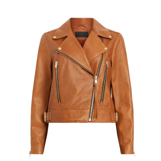 Women’s Tan Real Leather Biker Jacket