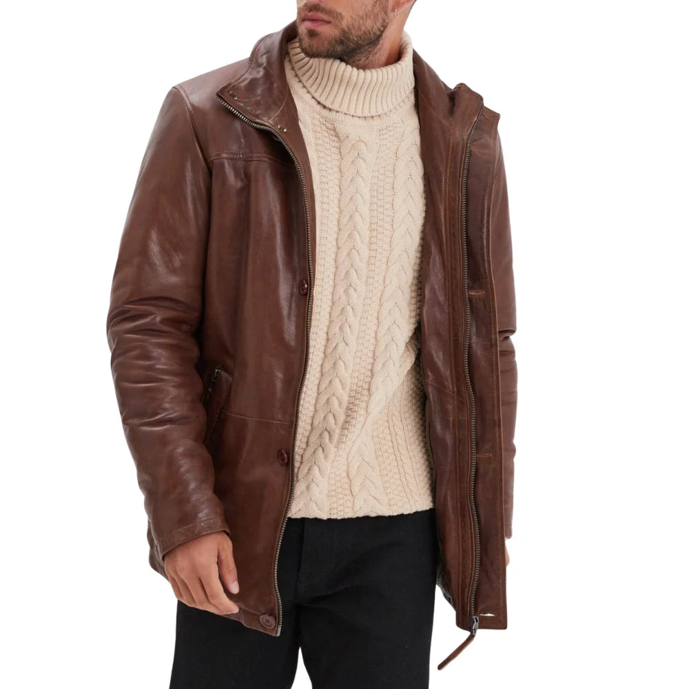 Men’s Bison Brown Lambskin Leather Jacket with Removable Inner Collar