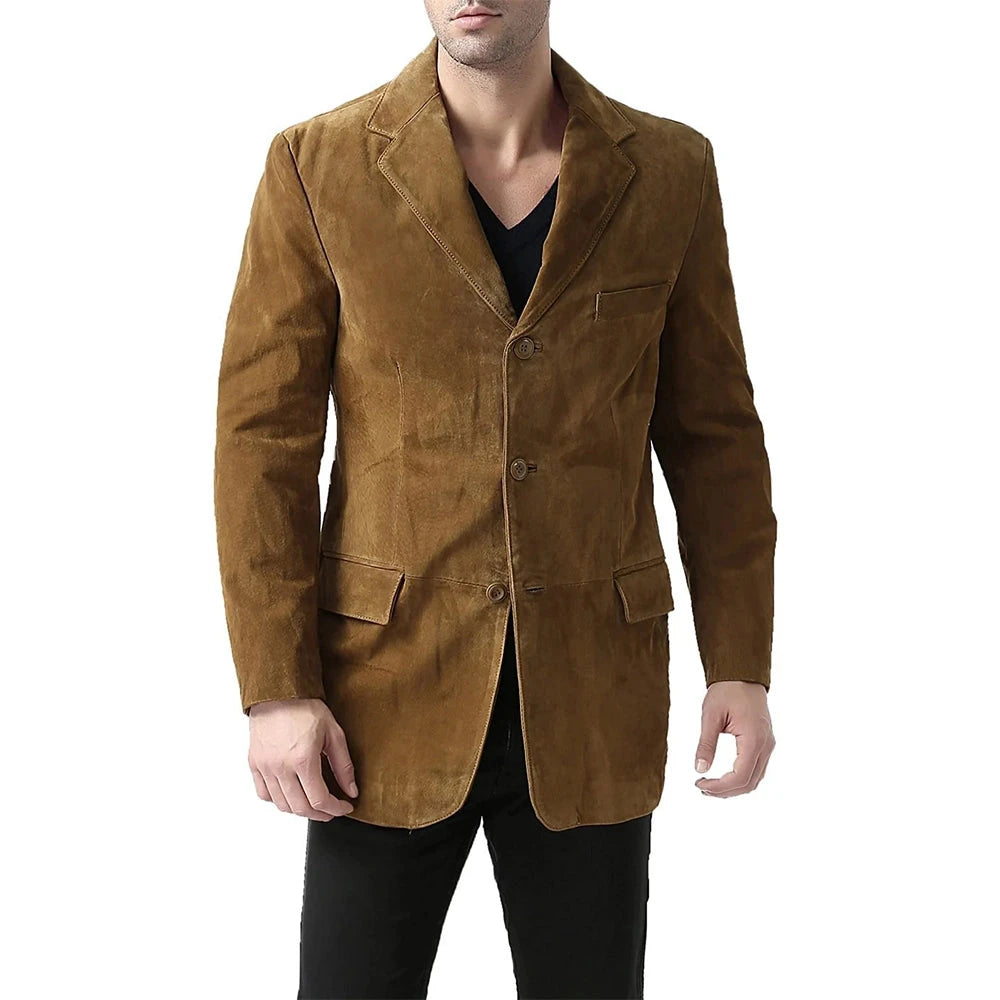 Slim Fit Notch Lapel Camel Brown Suede Leather Blazer Mens