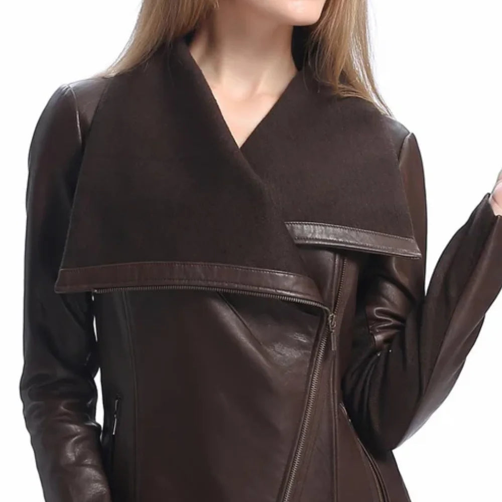 Women’s Asymmetrical Brown Leather Jacket with Wool Blend Overlay