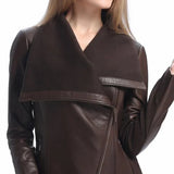 Women’s Asymmetrical Brown Leather Jacket with Wool Blend Overlay