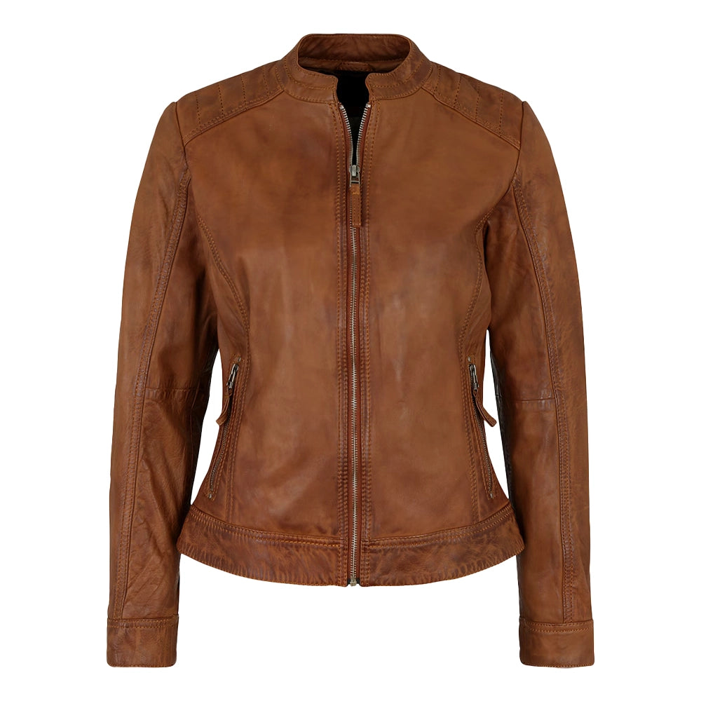 Genuine Biker Brown Cognac Leather Jacket Womens