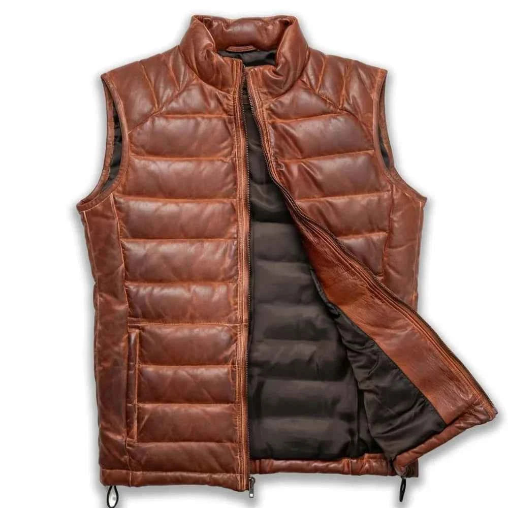 Mens Real Quilted Brown Leather Biker Vest