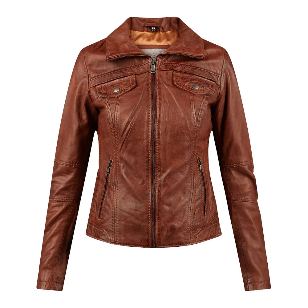 Slim Fit Brown Genuine Leather Jacket Womens