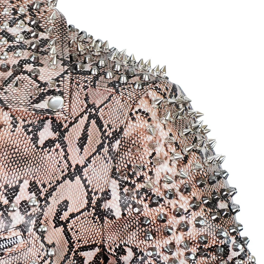 Men’s Snakeskin Pattern Studded Leather Biker Jacket