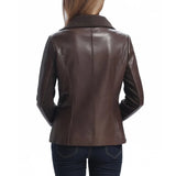 Women’s Asymmetrical Brown Leather Jacket with Wool Blend Overlay