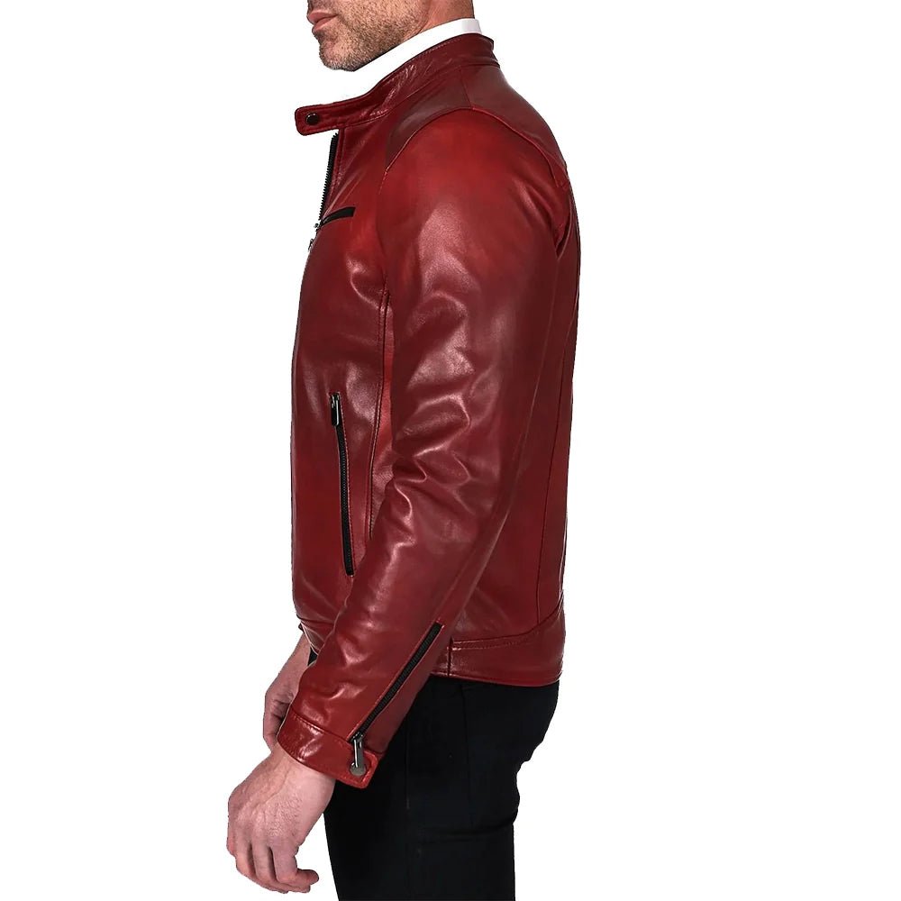 Mens Burgundy Real Leather Biker Jacket