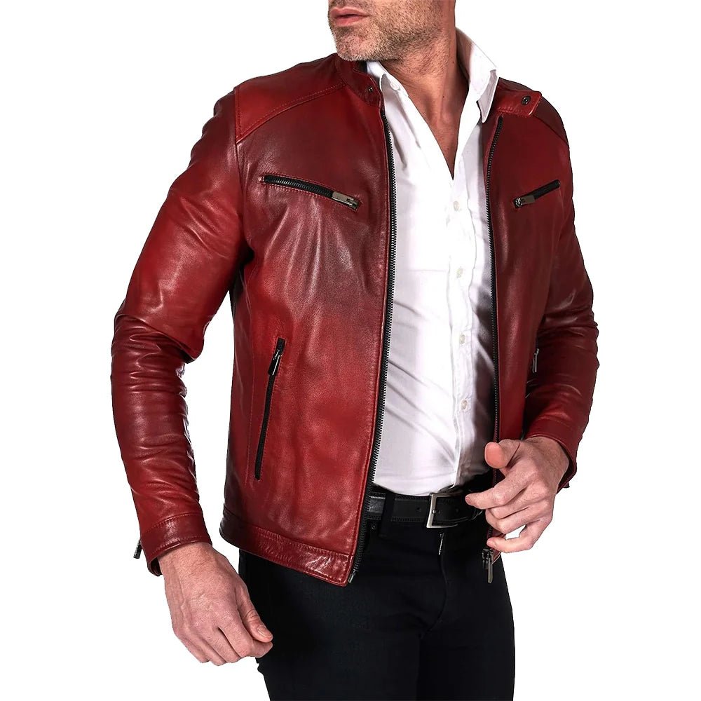 Mens Burgundy Lambskin Leather Biker Jacket