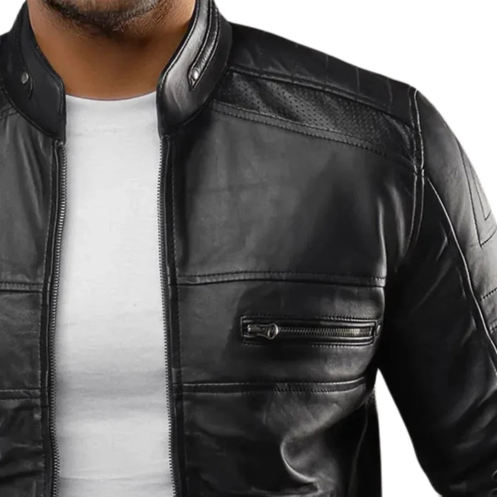 Men's Real Lambskin Black Cafe Racer Leather Jacket