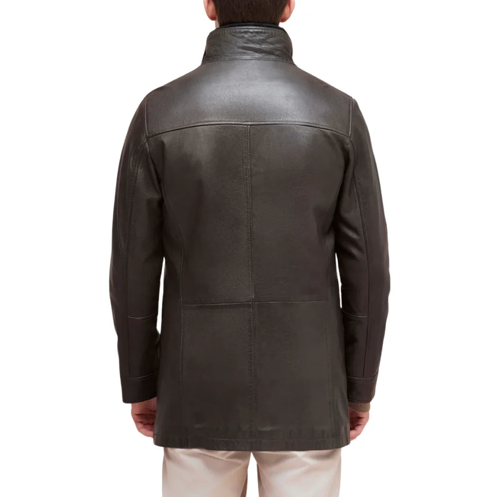 Men’s Dark Brown Lamb Leather Car Coat with Detachable Quilted Vest