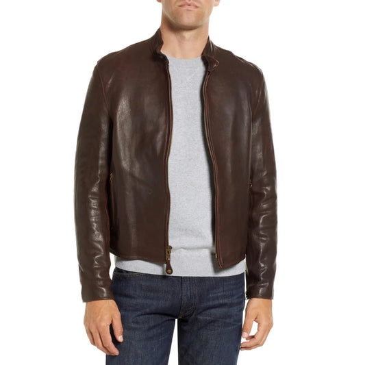 Men's Chocolate Brown Cafe Racer Leather Jacket