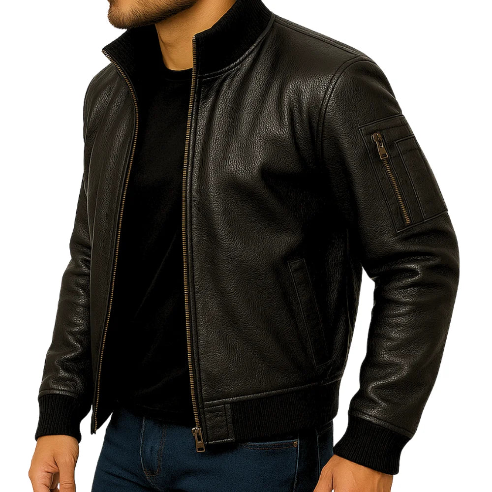 Men's Black Cowhide Leather Bomber Jacket