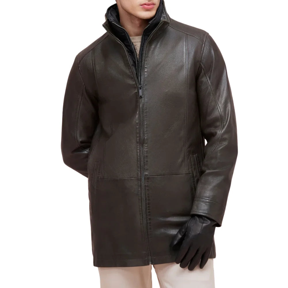 Men’s Dark Brown Lamb Leather Car Coat with Detachable Quilted Vest
