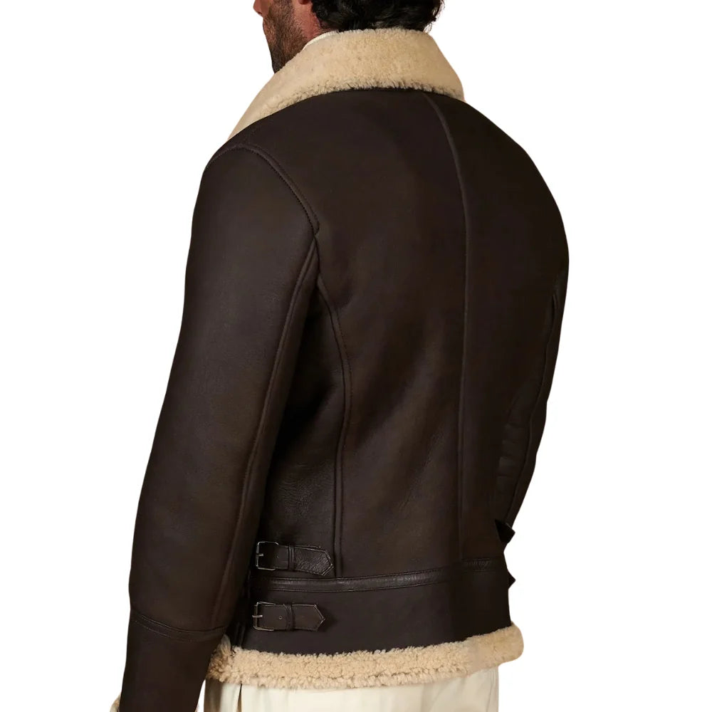 Men's Dark Brown Shirt Collar Shearling Lamb Biker Jacket