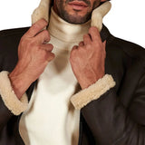 Men's Dark Brown Shirt Collar Shearling Lamb Biker Jacket