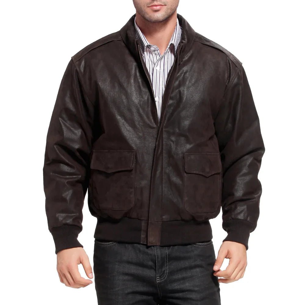 Men's Distressed Brown Leather A2 Bomber Jacket Model Wearing