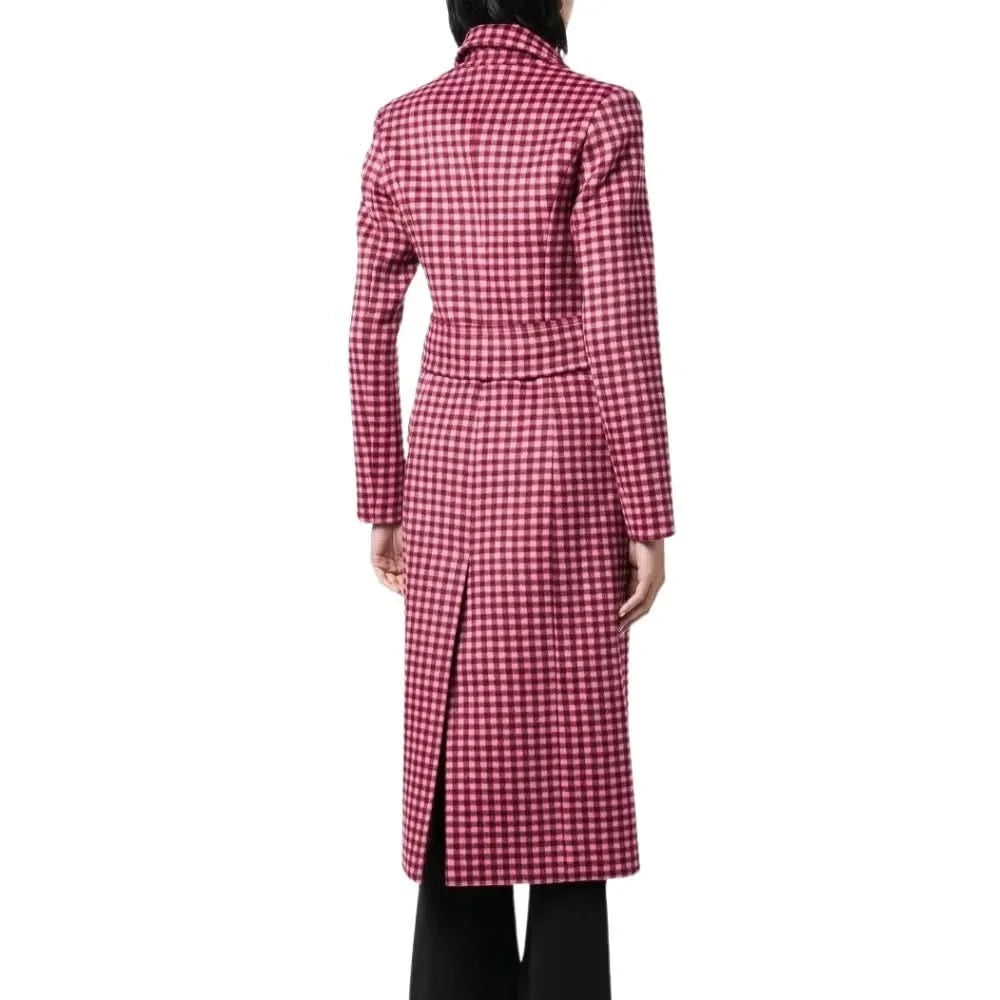 Womens Pink Plaid Wool Long Coat