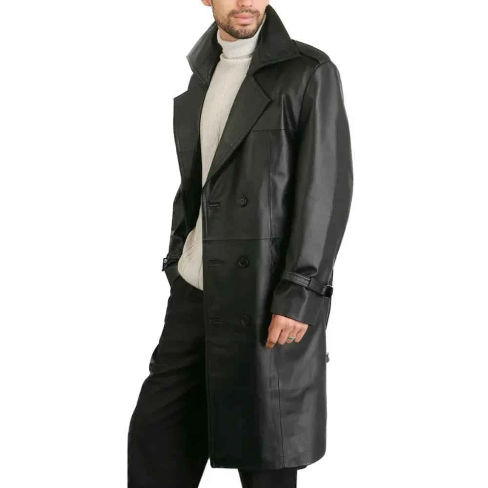 Mens Double Breasted Black Lambskin Leather Trench Coat
