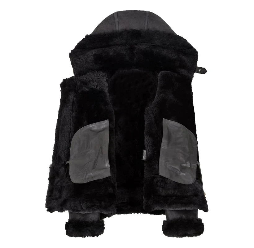 Womens Hooded Shearling Black Bomber Aviator Jacket
