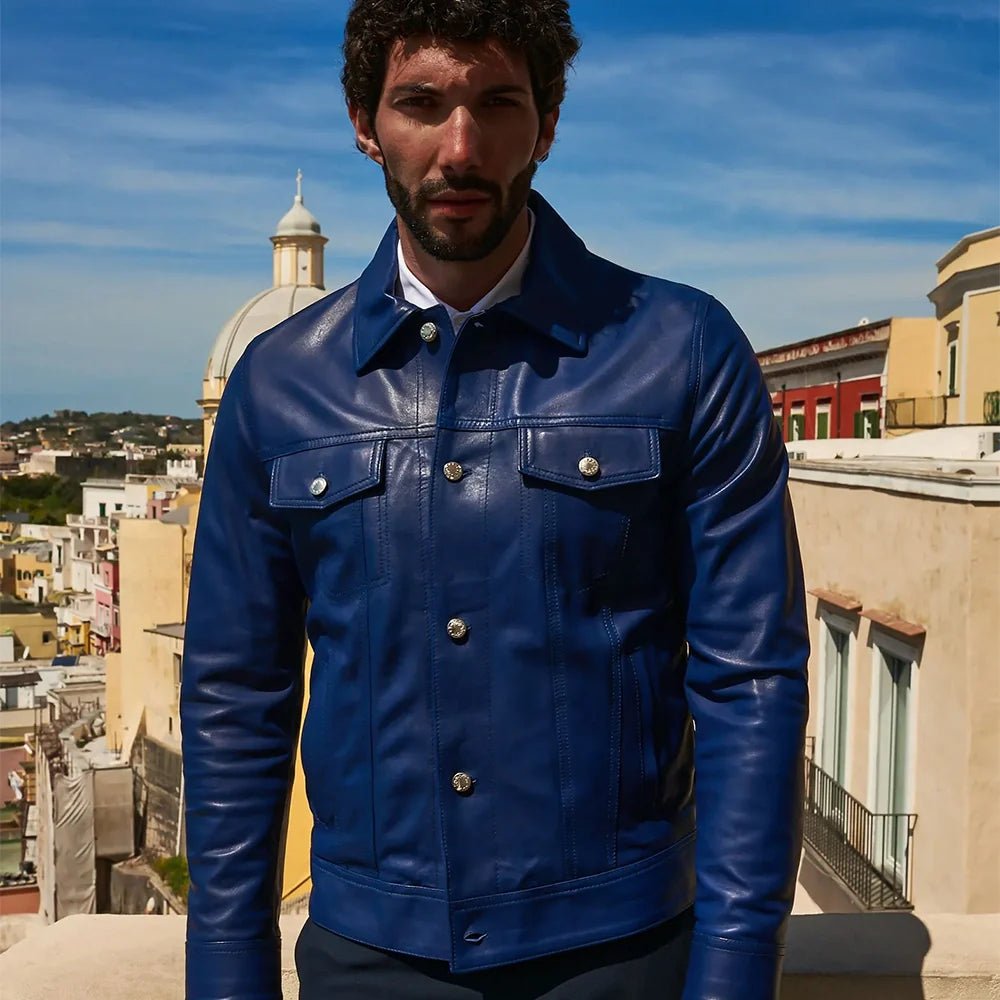 Real Shirt Collar Blue Leather Jacket Mens