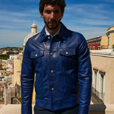 Real Shirt Collar Blue Leather Jacket Mens