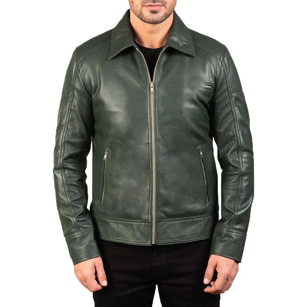 Mens' Green Real Leather Biker Jacket