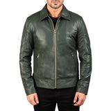 Mens' Green Real Leather Biker Jacket