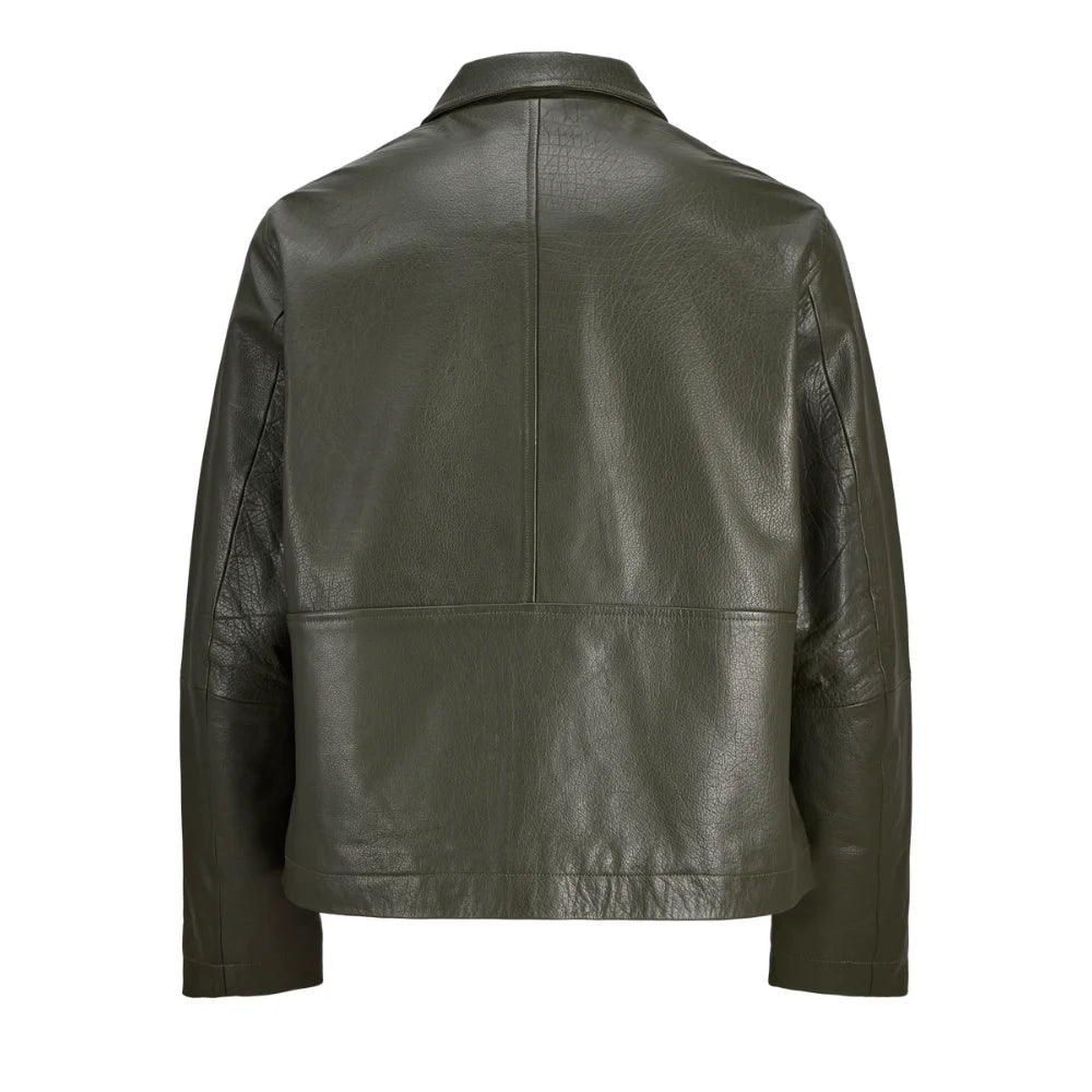 Men's Shirt Collar Olive Green Leather Jacket