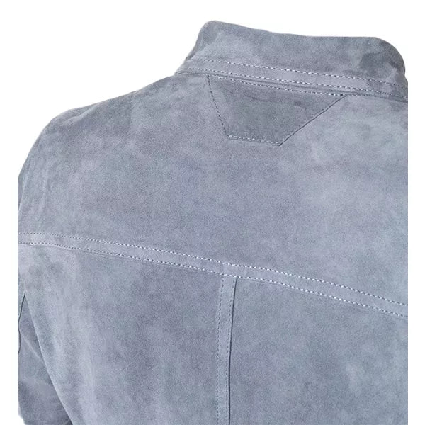 Grey Suede Bomber Jacket With Shirt Style Collar
