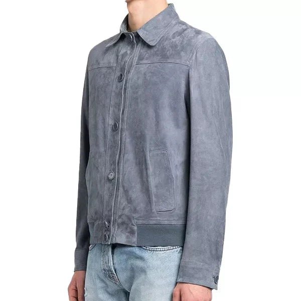 Mens Grey Suede Jacket With Shirt Style Collar