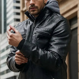 Distressed Black Leather Jacket with Removable Hood