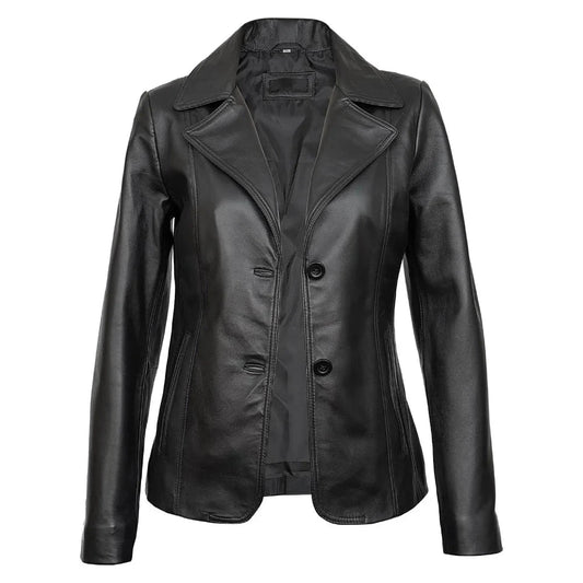 Real Lambskin Notch Lapel Ladies Black Leather Blazer