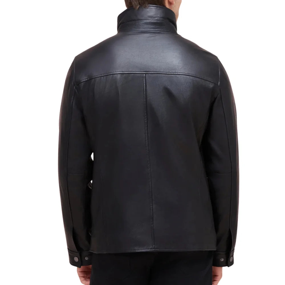 Men’s Black Genuine Lamb Leather Jacket with Detachable Vest