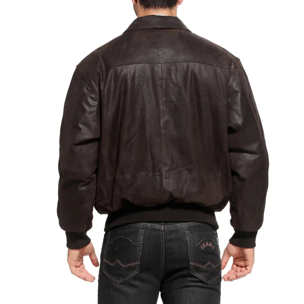 Men's Distressed Brown Leather A2 Bomber Jacket - Back View