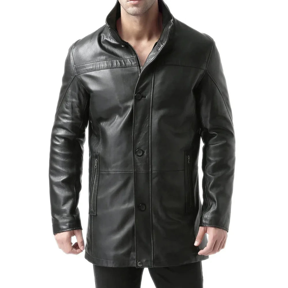 Murphy  Men's Real Lambskin Black Leather Car Coat - 3/4 Length Coat