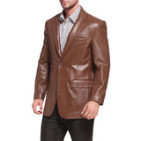 Mens Notched Lapel Two Button Brown Leather Blazer
