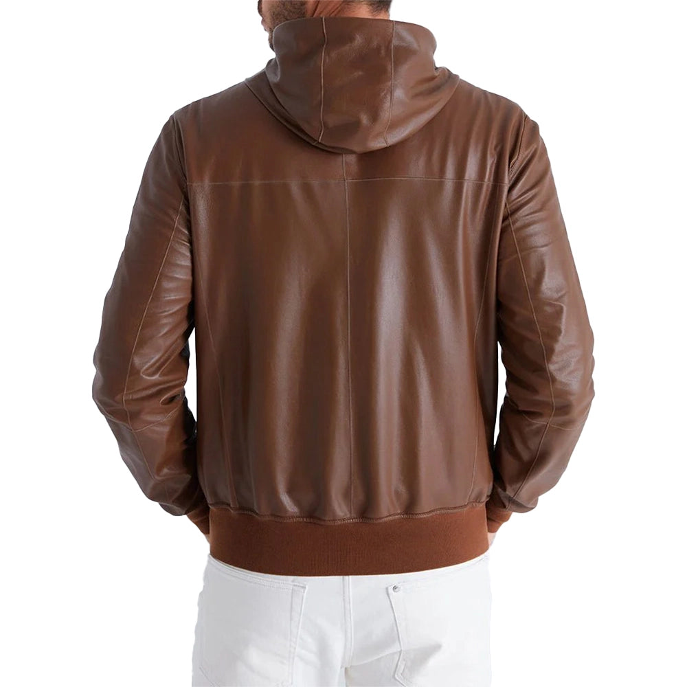 Back View of Brown Hooded Leather Jacket with Hood