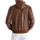 Back View of Brown Hooded Leather Jacket with Hood