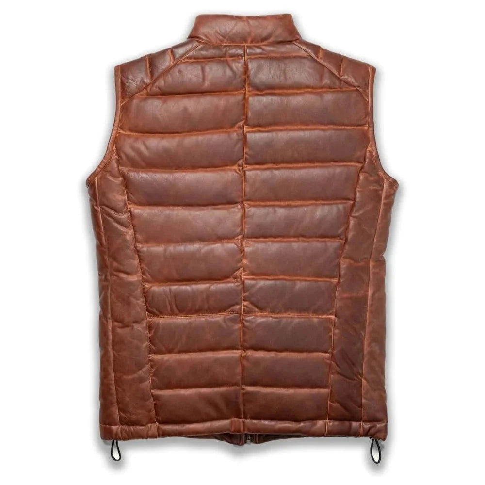 Mens Real Quilted Brown Leather Biker Vest