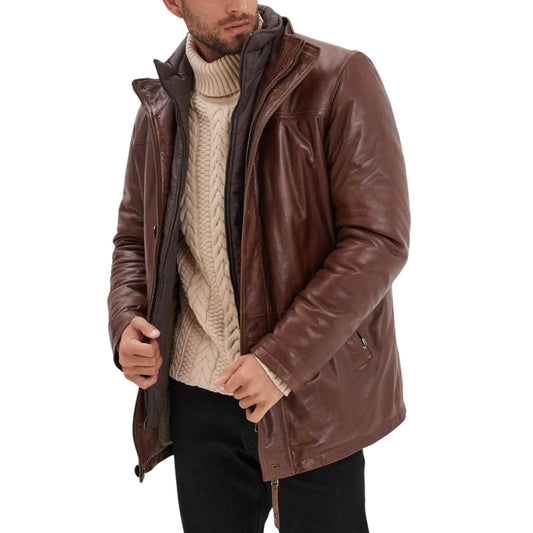 Men’s Bison Brown Lambskin Leather Jacket with Removable Inner Collar