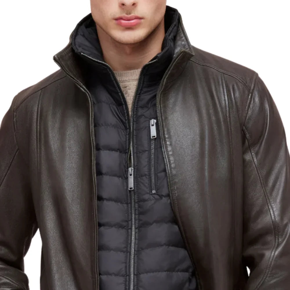 Men’s Dark Brown Lamb Leather Car Coat with Detachable Quilted Vest