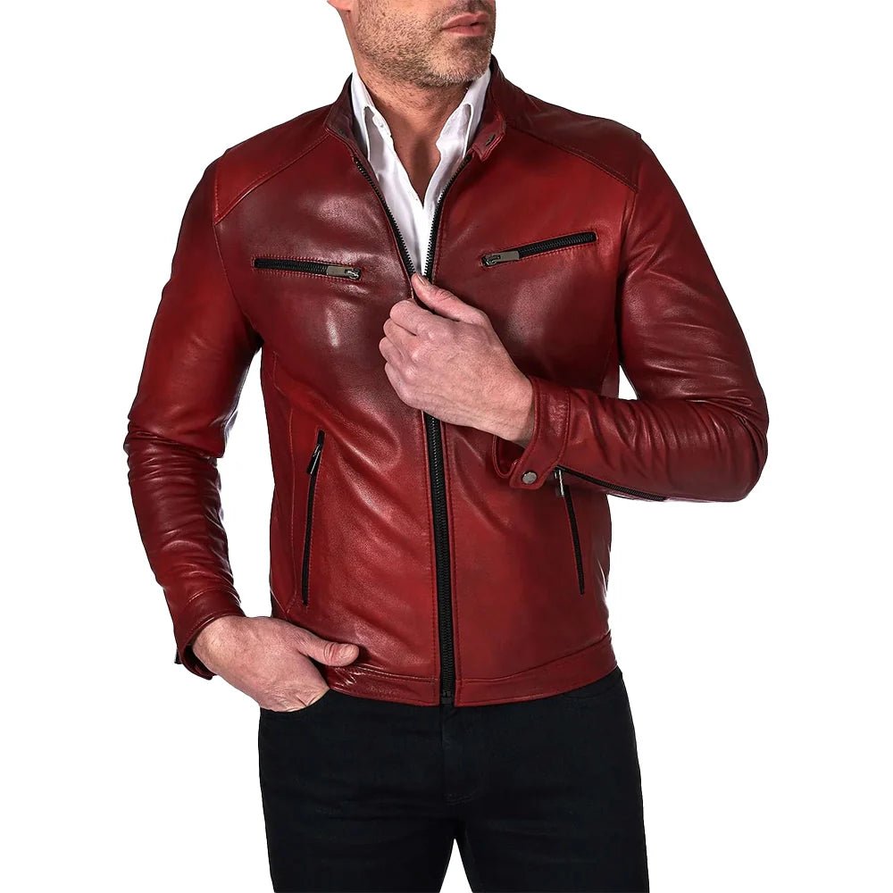 Mens Burgundy Lambskin Real Biker Jacket