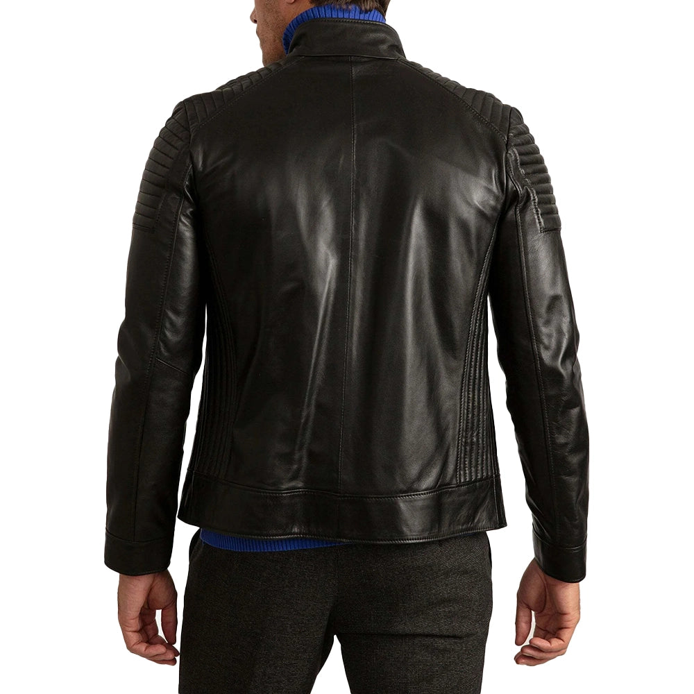 Mens Black Leather Cafe Racer Motorcycle Jacket