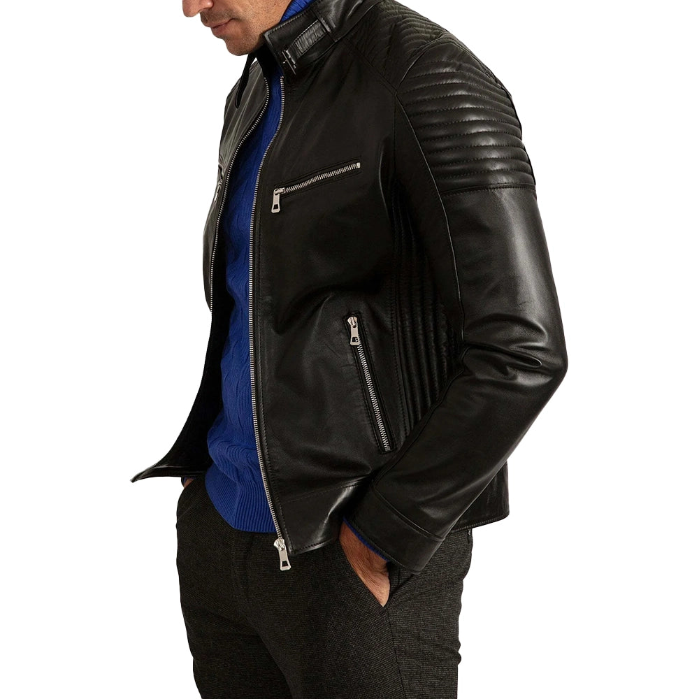 Mens Signature Black Cafe Racer Motorcycle Jacket
