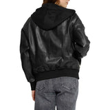 Women's Black Hooded Leather Bomber Jacket with Removable Hood
