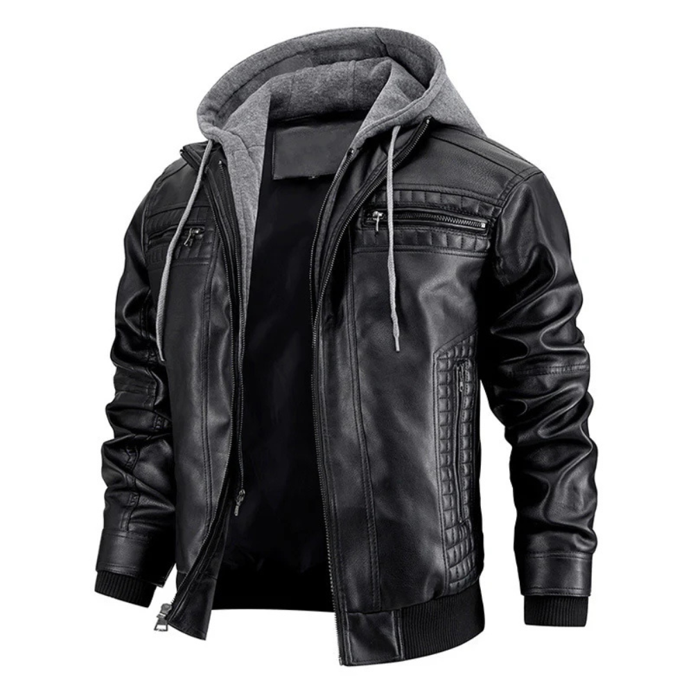 Men's Distressed Black Leather Bomber Jacket with Removable Hood