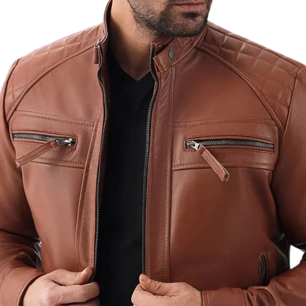 Men's Cognac Brown Real Lambskin Biker Leather Jacket with Quilted Shoulders