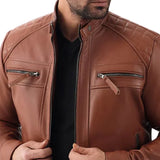 Men's Cognac Brown Real Lambskin Biker Leather Jacket with Quilted Shoulders